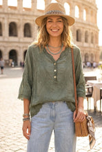 Load image into Gallery viewer, Khaki or taupe embroidered button detail blouse top
