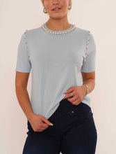 Load image into Gallery viewer, White or soft blue embellished neckline short sleeve top
