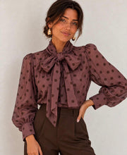 Load image into Gallery viewer, Wine or brown polka dot bow tie kyla blouse
