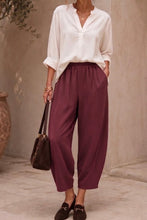 Load image into Gallery viewer, Burgundy, chocolate, beige , taupe barrel thea trouser

