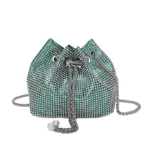 Load image into Gallery viewer, Green, silver, gold draw sack handbag
