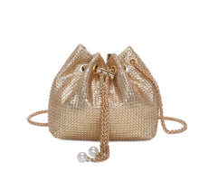 Load image into Gallery viewer, Green, silver, gold draw sack handbag
