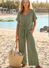 Load image into Gallery viewer, Black, green, taupe, orange, crinkle front tie co ord set
