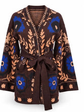 Load image into Gallery viewer, Green, brown, navy js tie in cardigan
