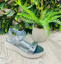 Load image into Gallery viewer, Platinum silvery blue marco tozzi sandal sizes 3,5,6,7,8
