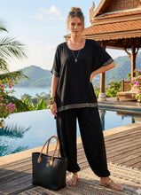 Load image into Gallery viewer, Navy, black, coral sequin top and bottom loungewear n co ord
