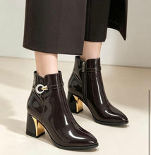 Load image into Gallery viewer, Brown, wine, black buckle paris gold heel boot

