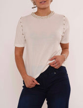 Load image into Gallery viewer, White or soft blue embellished neckline short sleeve top
