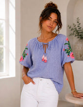 Load image into Gallery viewer, Pink, white or blue js flower sleeve puff blouse top
