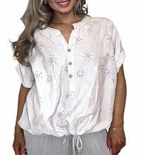 Load image into Gallery viewer, White, khaki, Broderie Anglaise Drawstring Hem Top | Eyelet Floral Button Front lv Blouse top
