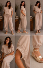Load image into Gallery viewer, Beige kyla stretch sleeve top and matching trouser co ord
