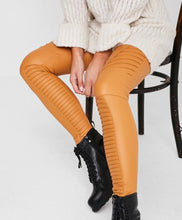 Load image into Gallery viewer, Tan (mustard) biker leather leggings
