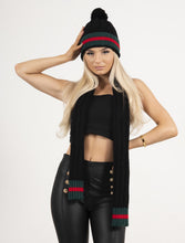 Load image into Gallery viewer, Black Designer inspired red strip hat and scarf set
